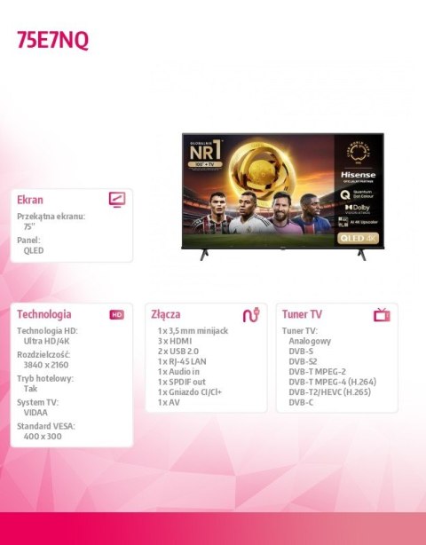 Telewizor QLED 75 cali 75E7NQ Hisense Telewizor QLED 75 cali 75E7NQ Hisense