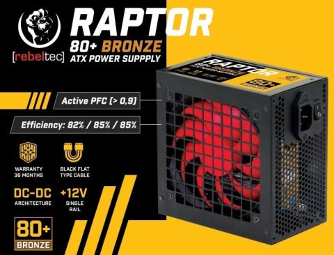Zasilacz ATX RAPTOR 600W BRONZE 80+,Single Rail, DC-DC Rebeltec Zasilacz ATX RAPTOR 600W BRONZE 80+,Single Rail, DC-DC Rebeltec