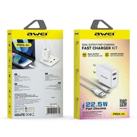 Ładowarka sieciowa GaN PD81L 22,5W USB+USB-C + Kabel USB/Lightning AWEI