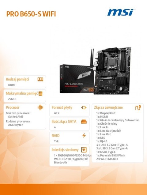 Płyta główna PRO B650-S WIFI AM5 4DDR5 HDMI/DP ATX MSI
