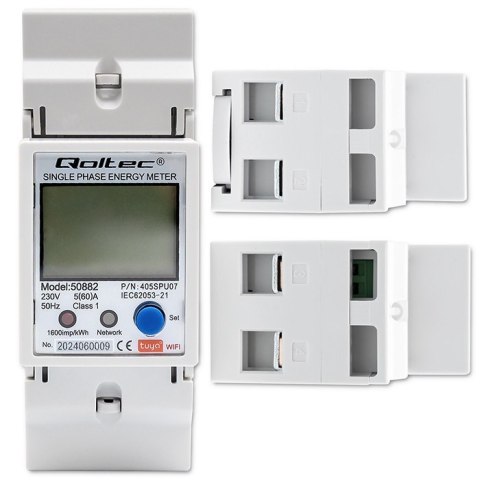 Jednofazowy elektroniczny licznik | miernik zużycia energii na szynę DIN | 230V | LCD | Wi-Fi Qoltec Jednofazowy elektroniczny licznik | miernik zużycia energii na szynę DIN | 230V | LCD | Wi-Fi Qoltec