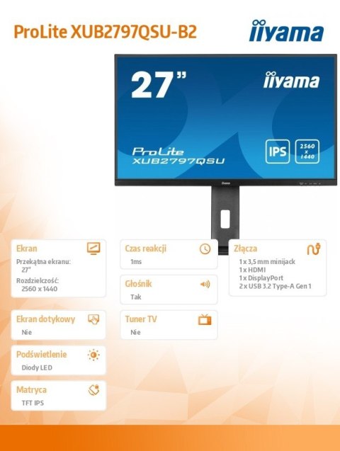 Monitor 27 cali XUB2797QSN-B2 IPS,QHD,USB-c Dock,HDMI /5y/ IIYAMA
