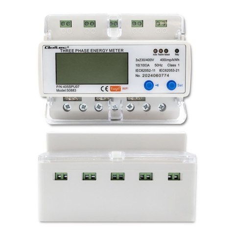 Trójfazowy elektroniczny licznik | miernik zużycia energii na szynę DIN | 400V | LCD | Wi-Fi Qoltec Trójfazowy elektroniczny licznik | miernik zużycia energii na szynę DIN | 400V | LCD | Wi-Fi Qoltec