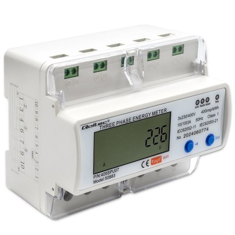 Trójfazowy elektroniczny licznik | miernik zużycia energii na szynę DIN | 400V | LCD | Wi-Fi Qoltec Trójfazowy elektroniczny licznik | miernik zużycia energii na szynę DIN | 400V | LCD | Wi-Fi Qoltec
