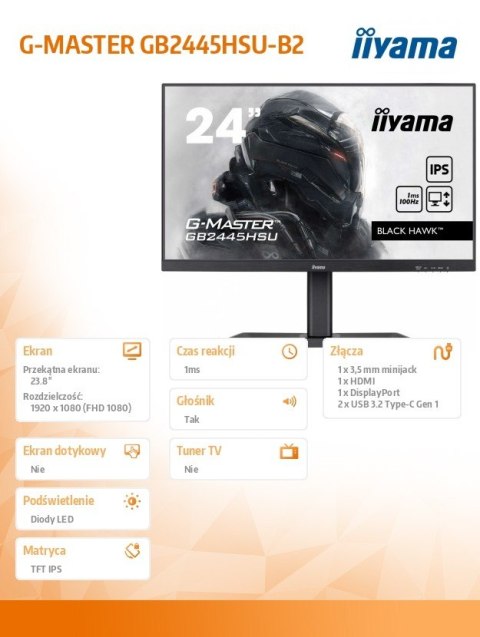 Monitor 23,8 cala GB2445HSU-B2 IPS,FHD,100Hz,1ms,2xUSB,300cd IIYAMA