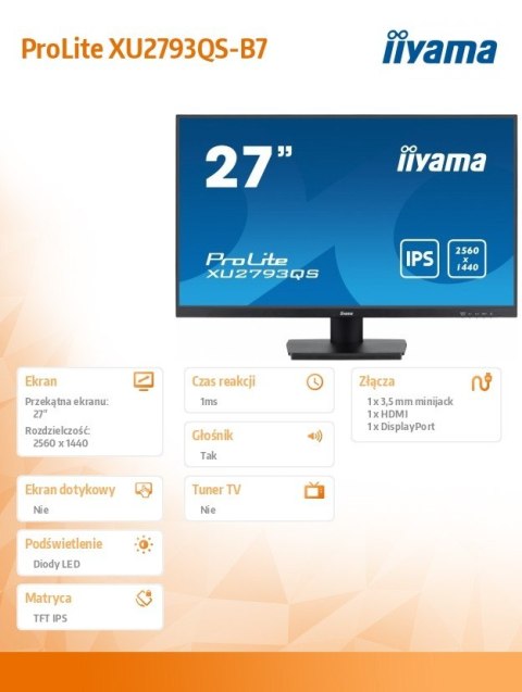 Monitor 27 cali XU2793QS-B7 IPS,QHD,100Hz,HDMI,DP IIYAMA