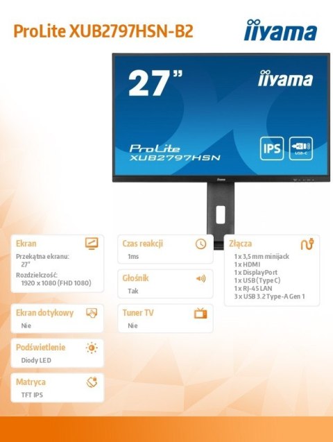Monitor 27 cali XUB2797HSN-B2 IPS,FHD,USB-C Dock,HAS,300cd /5y/ IIYAMA