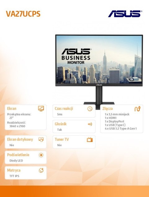 Monitor 27 cali VA27UCPS 4K UHD USB-C65 HDR10 Asus Monitor 27 cali VA27UCPS 4K UHD USB-C65 HDR10 Asus