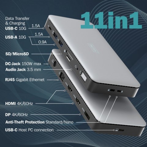 Stacja dokująca USB-C 11 portowa, max. 4K/60Hz z HDR, HDMI, DP, max. 3 monitory (MST), USB-C 3.2 Gen2, Gigabit Ethernet, SD/Micr Digitus