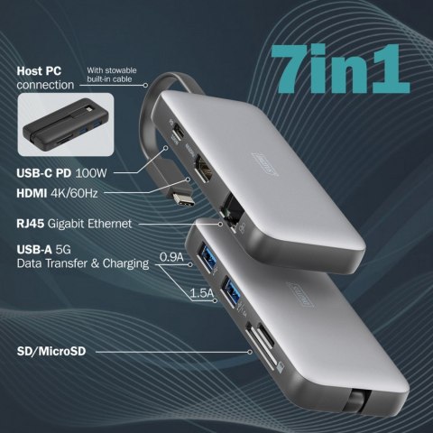 Stacja dokująca podróżna USB-C 7 portowa, max. 4K/60Hz z HDR, HDMI, USB-A 3.2 Gen1, Gigabit Ethernet, SD/Micro SD, PD 100W Digitus