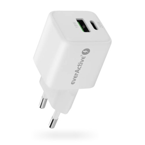 Ładowarka sieciowa GaN 1X USB, 1X USB-C 20W QC3.0 Biała EverActive Ładowarka sieciowa GaN 1X USB, 1X USB-C 20W QC3.0 Biała EverActive