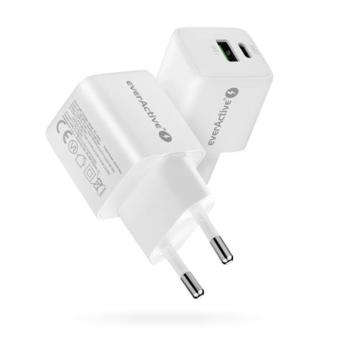 Ładowarka sieciowa GaN 1X USB, 1X USB-C 20W QC3.0 Biała EverActive Ładowarka sieciowa GaN 1X USB, 1X USB-C 20W QC3.0 Biała EverActive