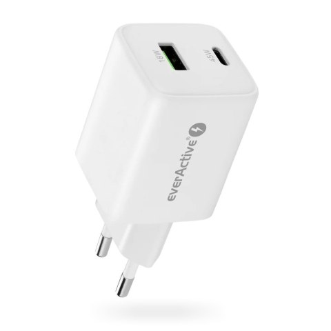 Ładowarka sieciowa GaN 1X USB, 1X USB-C 45W QC4+ PD Biała EverActive Ładowarka sieciowa GaN 1X USB, 1X USB-C 45W QC4+ PD Biała EverActive