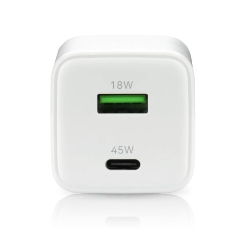 Ładowarka sieciowa GaN 1X USB, 1X USB-C 45W QC4+ PD Biała EverActive Ładowarka sieciowa GaN 1X USB, 1X USB-C 45W QC4+ PD Biała EverActive