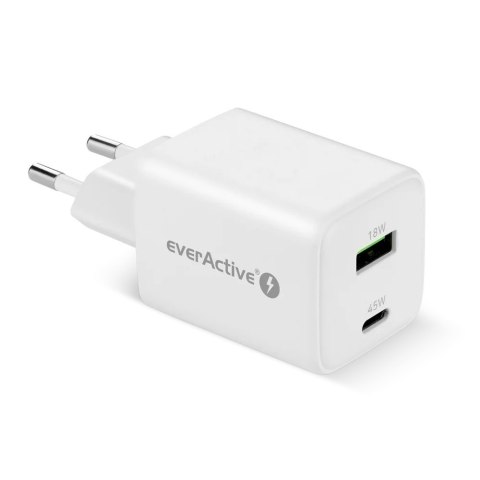 Ładowarka sieciowa GaN 1X USB, 1X USB-C 45W QC4+ PD Biała EverActive Ładowarka sieciowa GaN 1X USB, 1X USB-C 45W QC4+ PD Biała EverActive