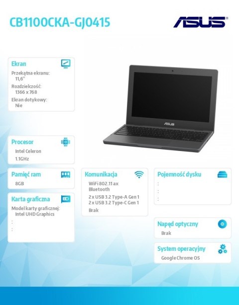 Notebook Chromebook CB1100CKA-GJ0415 - Celeron N5100/8GB/64GB/11.6 cali/ChromeOS/5Y Asus Notebook Chromebook CB1100CKA-GJ0415 - Celeron N5100/8GB/64GB/11.6 cali/ChromeOS/5Y Asus