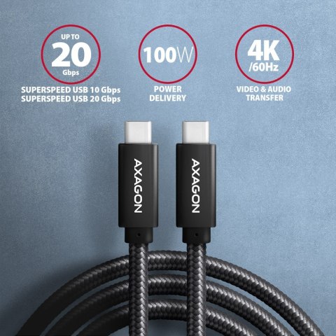 BUCM32-CM05AB Kabel USB-C - USB-C 3.2 Gen 2 0.5m, PD 100W, 5A, 4K HD, ALU, oplot, czarny AXAGON