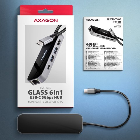 HMC-6GLN Wieloportowy hub USB 6in1, 5Gbps, 2xUSB-A, 1x USB-C, GLAN, HDMI 4K/60Hz, PD 100W, 20cm USB-C kabel AXAGON