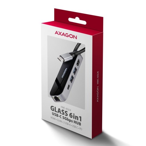 HMC-6GLN Wieloportowy hub USB 6in1, 5Gbps, 2xUSB-A, 1x USB-C, GLAN, HDMI 4K/60Hz, PD 100W, 20cm USB-C kabel AXAGON