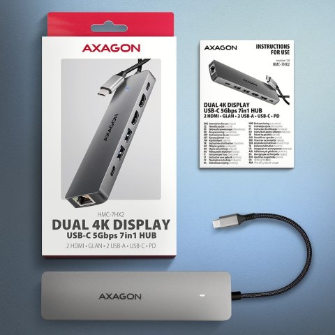 HMC-7HX2 Wieloportovy hub USB 7in1, 5Gbps, 2x USB-A, 1x USB-C, 2x HDMI 4K/60Hz, GLAN, PD 100W, 15cm USB-C kabel AXAGON