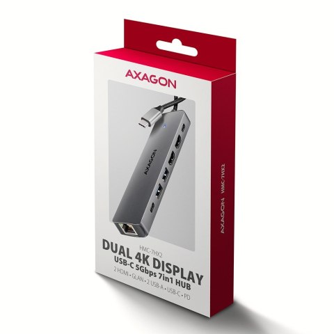 HMC-7HX2 Wieloportovy hub USB 7in1, 5Gbps, 2x USB-A, 1x USB-C, 2x HDMI 4K/60Hz, GLAN, PD 100W, 15cm USB-C kabel AXAGON