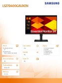 Monitor 27 cali S40GD IPS 1920x1080 FHD 16:9 2xHDMI 1xDP 2xUSB-A 2.0 1xUSB-B 5ms 100Hz HAS+PIV płaski 3YOn-Site (LS27D400GAUXEN) Samsung