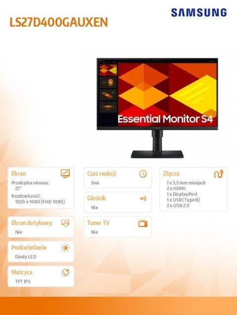 Monitor 27 cali S40GD IPS 1920x1080 FHD 16:9 2xHDMI 1xDP 2xUSB-A 2.0 1xUSB-B 5ms 100Hz HAS+PIV płaski 3YOn-Site (LS27D400GAUXEN) Samsung Monitor 27 cali S40GD IPS 1920x1080 FHD 16:9 2xHDMI 1xDP 2xUSB-A 2.0 1xUSB-B 5ms 100Hz HAS+PIV płaski 3YOn-Site (LS27D400GAUXEN) Samsung