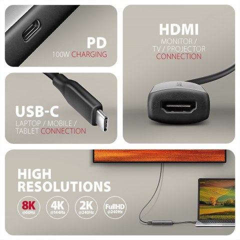 RVC-HI8KPD Adapter aktywny USB-C -> HDMI 8K/60Hz, Aluminum, PD100W, 16cm kabel