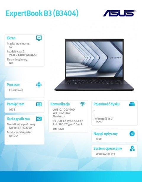 Notebook ExpertBook B3 B3404CVF-Q50005X - i7-1355U/16GB/512GB/RTX 2050/14 WUXGA/Win 11 PRO/3YRS Asus Notebook ExpertBook B3 B3404CVF-Q50005X - i7-1355U/16GB/512GB/RTX 2050/14 WUXGA/Win 11 PRO/3YRS Asus