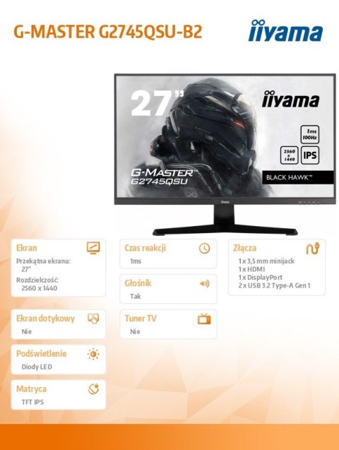 Monitor 27 cali G2745QSU-B2,IPS,QHD,100Hz,1ms,2xUSB,300cd IIYAMA