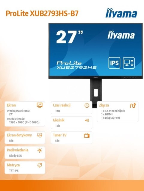 Monitor 27 cali XUB2793HS-B7,IPS,FHD,HDMI,DP,2x2W,300cd IIYAMA