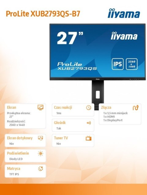 Monitor 27 cali XUB2793QS-B7,IPS,QHD,HAS(150mm),100Hz,300cd IIYAMA