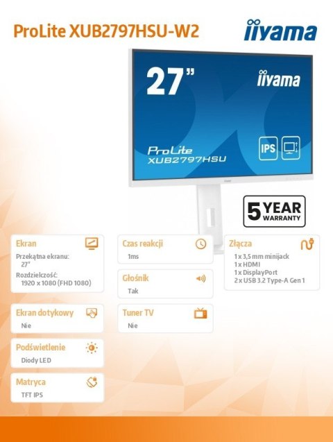 Monitor 27 cali XUB2797HSU-W2 IPS,FHD,HAS,300cd,(5y) IIYAMA