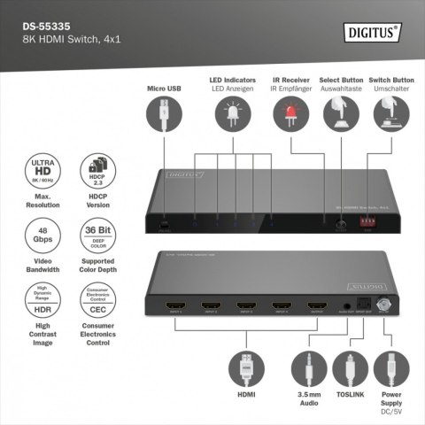 Przełącznik / Switch HDMI 4x1, 8K/60Hz (4:4:4) z HDR, 48 Gbps, HDCP 2.3, Toslink / Stereo, EDID Digitus