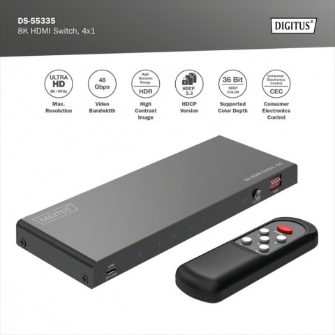 Przełącznik / Switch HDMI 4x1, 8K/60Hz (4:4:4) z HDR, 48 Gbps, HDCP 2.3, Toslink / Stereo, EDID Digitus