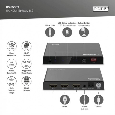 Rozdzielacz/Splitter HDMI 1x2, 8K/60Hz (4:4:4) z HDR, 48 Gbps, HDCP 2.3. Toslink / Stereo , EDID