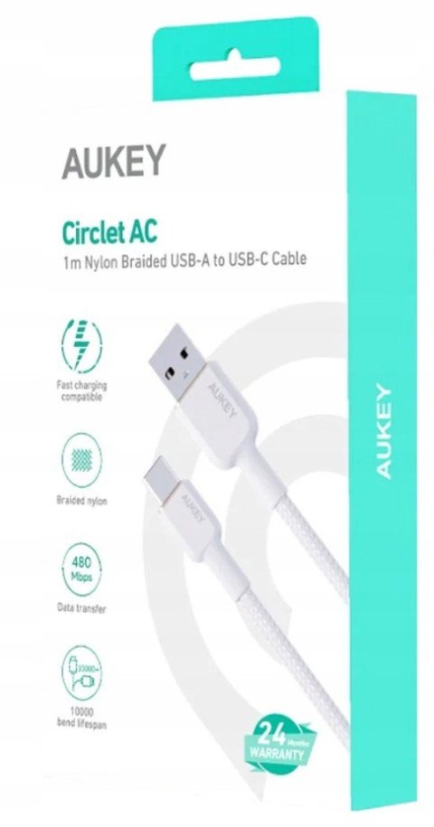 CB-NAC1 kabel USB-C - USB-A 1m 60W PD 3A 20V nylonowy oplot biały AUKEY