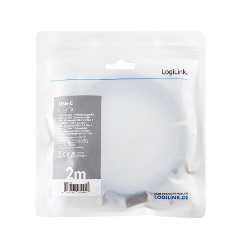 Kabel USB3.2 Gen1 TypeC do USB-C/F, PD, 2m LogiLink Kabel USB3.2 Gen1 TypeC do USB-C/F, PD, 2m LogiLink