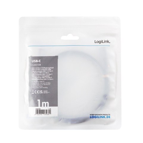 Kabel USB3.2 gen2 TypeC do USB-C/F, PD, 1m LogiLink Kabel USB3.2 gen2 TypeC do USB-C/F, PD, 1m LogiLink