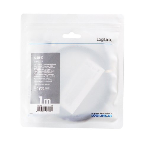 Kabel USB3.2 gen2 TypeC do USB-C/F, PD, 1m LogiLink Kabel USB3.2 gen2 TypeC do USB-C/F, PD, 1m LogiLink