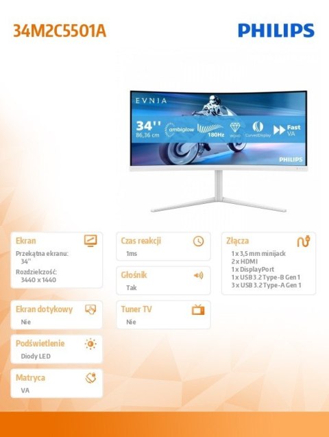 Monitor 34 cale 34M2C5501A Curved VA 180Hz HDMIx2 DP HAS Ambiglow Philips Monitor 34 cale 34M2C5501A Curved VA 180Hz HDMIx2 DP HAS Ambiglow Philips