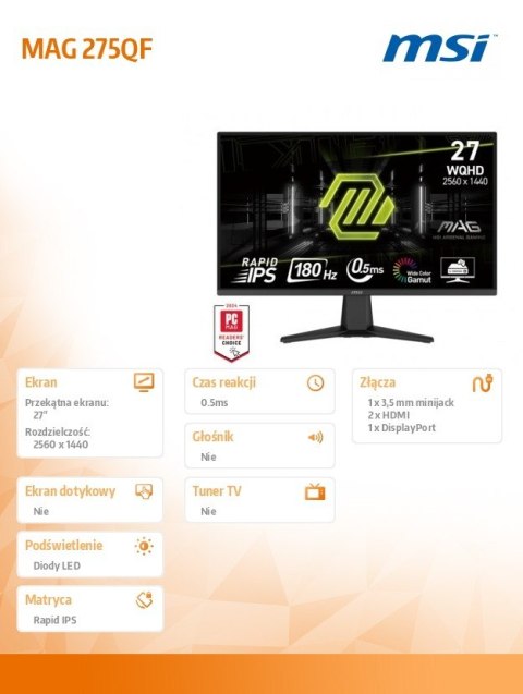 Monitor MAG 275QF 27 cali/LED/QHD/Flat/180Hz/Black MSI