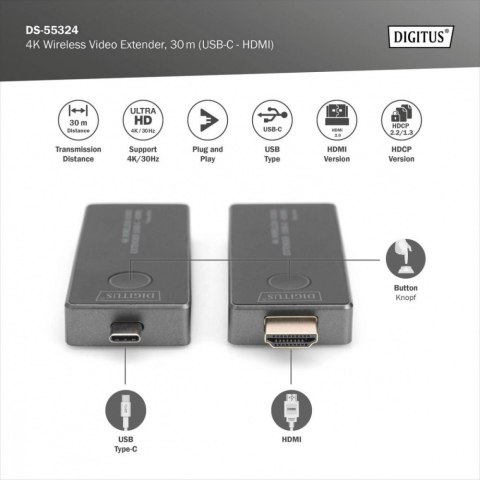 Przedłużacz/Extender USB-C - HDMI bezprzewodowy 30m UHD 4K30Hz audio (zestaw) Digitus