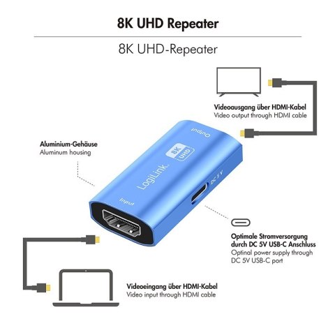 Repeater HDMI, 8K/60HZ, HDCP2.3, Alu, niebieski LogiLink Repeater HDMI, 8K/60HZ, HDCP2.3, Alu, niebieski LogiLink