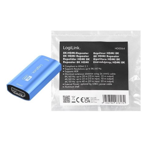 Repeater HDMI, 8K/60HZ, HDCP2.3, Alu, niebieski LogiLink Repeater HDMI, 8K/60HZ, HDCP2.3, Alu, niebieski LogiLink