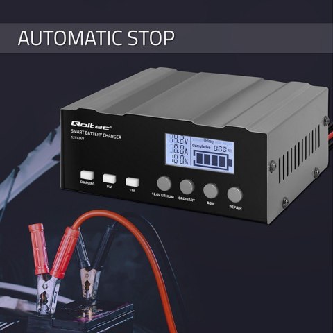Inteligentna mikroprocesorowa ładowarka 12V | 12.6V | 24V |Prostownik z funkcją naprawy do akumulatora AGM GEL LiFePO4 | LCD Qoltec Inteligentna mikroprocesorowa ładowarka 12V | 12.6V | 24V |Prostownik z funkcją naprawy do akumulatora AGM GEL LiFePO4 | LCD Qoltec