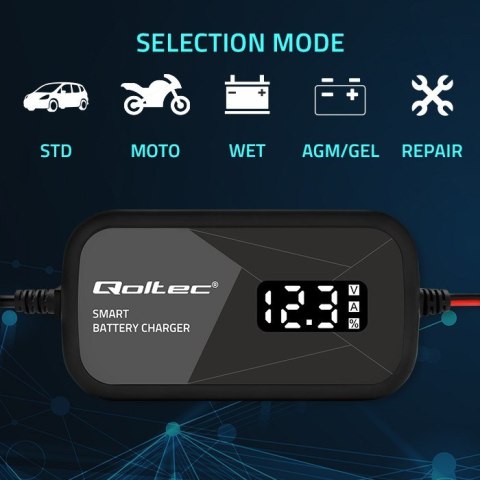 Inteligentna mikroprocesorowa ładowarka 12V | 2A | Prostownik z funkcją regeneracji ogniw do akumulatora AGM GEL | LCD Qoltec Inteligentna mikroprocesorowa ładowarka 12V | 2A | Prostownik z funkcją regeneracji ogniw do akumulatora AGM GEL | LCD Qoltec