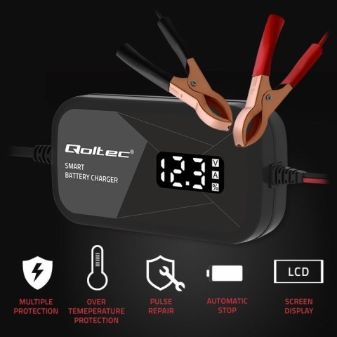 Inteligentna mikroprocesorowa ładowarka 12V | 2A | Prostownik z funkcją regeneracji ogniw do akumulatora AGM GEL | LCD Qoltec Inteligentna mikroprocesorowa ładowarka 12V | 2A | Prostownik z funkcją regeneracji ogniw do akumulatora AGM GEL | LCD Qoltec