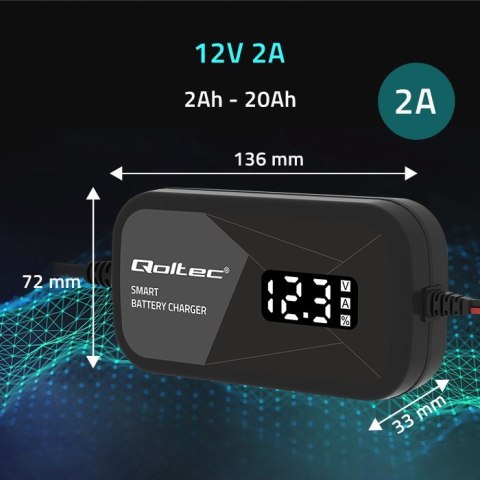 Inteligentna mikroprocesorowa ładowarka 12V | 2A | Prostownik z funkcją regeneracji ogniw do akumulatora AGM GEL | LCD Qoltec Inteligentna mikroprocesorowa ładowarka 12V | 2A | Prostownik z funkcją regeneracji ogniw do akumulatora AGM GEL | LCD Qoltec