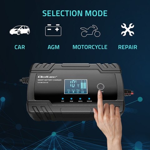 Inteligentna mikroprocesorowa ładowarka 12V 8A | 24V 4A |Prostownik z funkcją naprawy do akumulatora AGM GEL | LCD Qoltec Inteligentna mikroprocesorowa ładowarka 12V 8A | 24V 4A |Prostownik z funkcją naprawy do akumulatora AGM GEL | LCD Qoltec